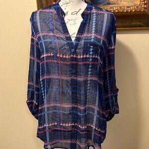 Kut Sheer Plaid & Houndstooth print button down roll-up sleeve pocket Blouse